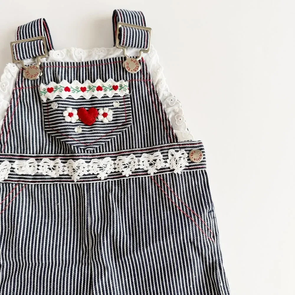 [Vintage] 80s Health-Tex Striped Embroidered Lace Ruffle Overalls Size 9 Months